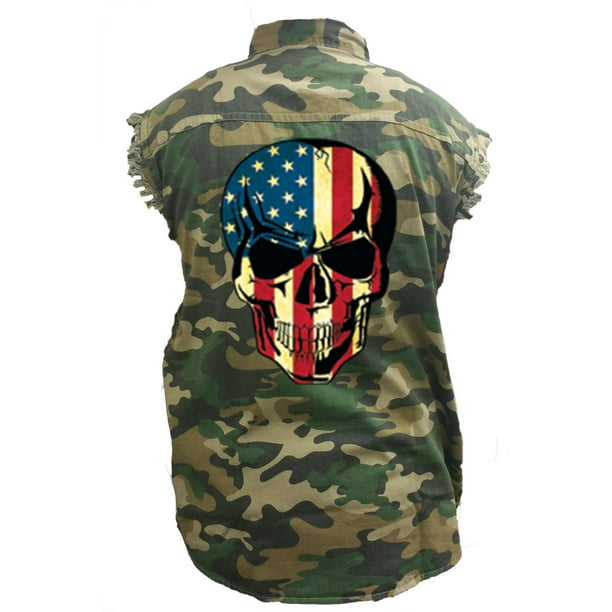 SHORE TRENDZ Mens Camo Sleeveless Denim Shirt Terminator Skull Blue Denim Vest SHORE TRENDZ Mens Camo Sleeveless Denim Shirt Terminator Skull Blue Denim Vest